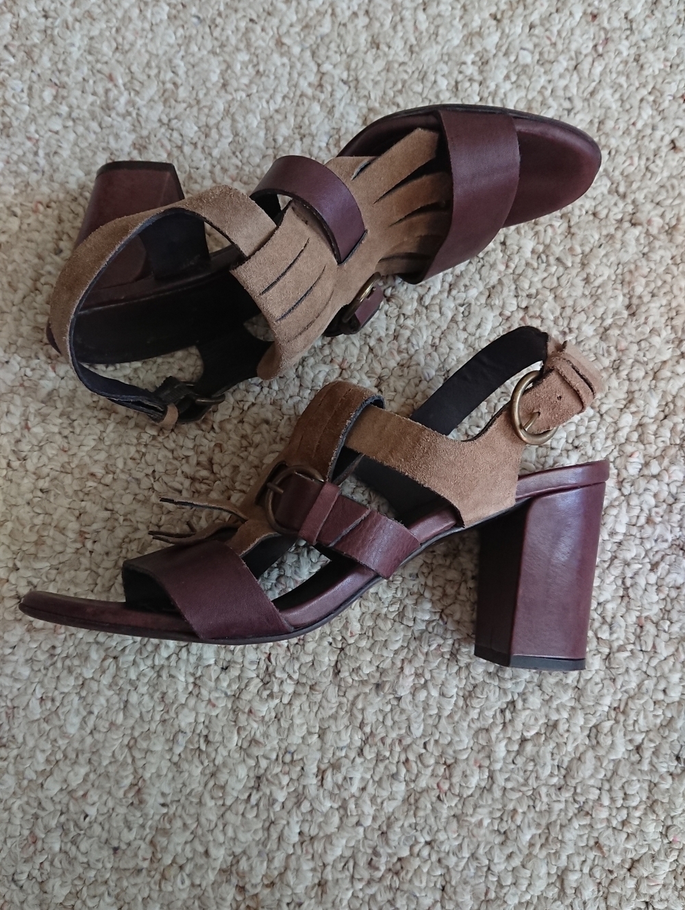 MINELLI Brown Leather with Suede fringe strap Block Heel Sandals size 8